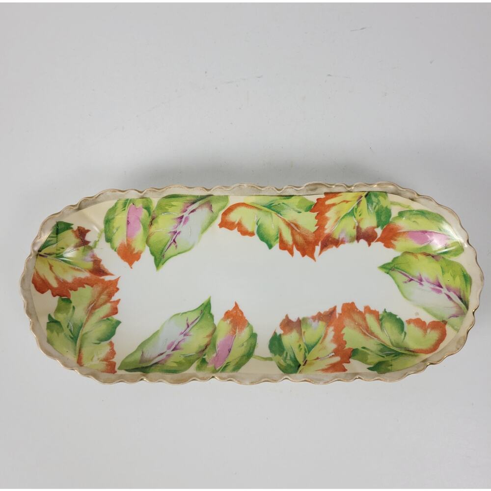 O&EG Royal Austria Hand Painted Leaf Pattern Platter‎ Gold Trim Decorative Plate